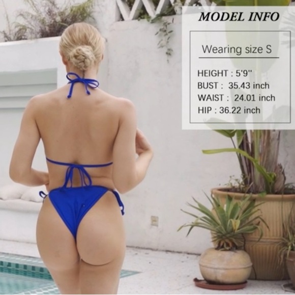 Halter string triangle bikini with ruched cinched cheeky bottoms two piece set - Picture 3 of 7